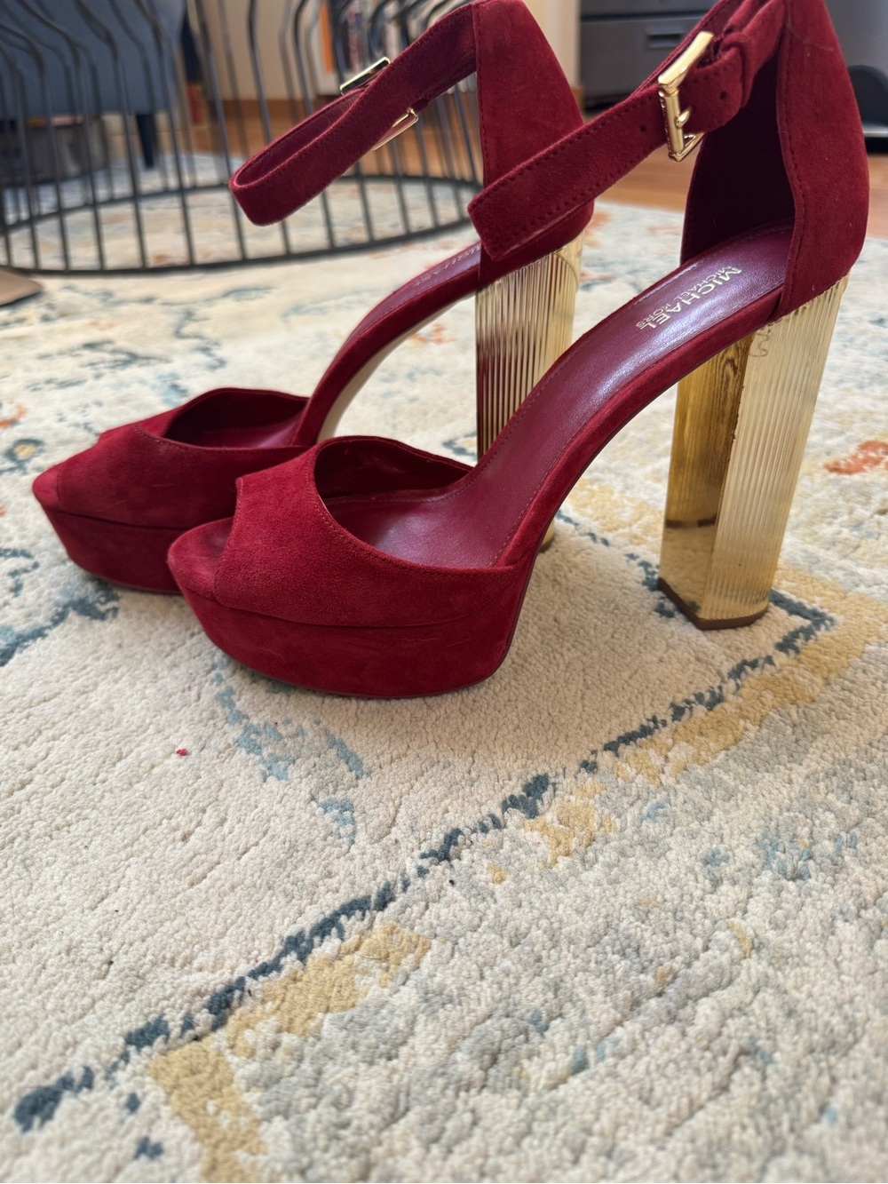 Michael Kors Burgundy Suede Platform Ankle-Strap Heels with Gold Block Heel
